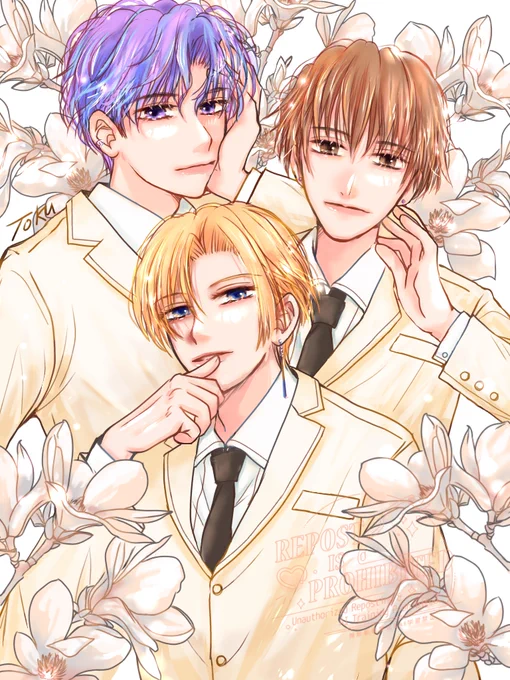 『 Spring collection 』 #illustration #星座男子イラスト #双子座 #天秤座 #水瓶座 これまで描いてきた 12星座男子たちをエレメントに わけて描きます 最初は風の星座の3人