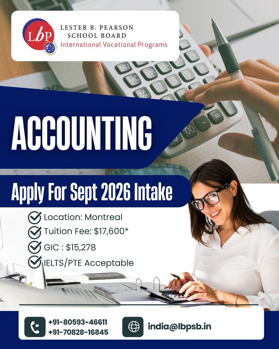 NetworthCo's tweet photo. 📢 Study in Canada – Accounting Program 🇨🇦
✨ Lester B. Pearson School Board ✨

📍 Location: Montreal
💰 Tuition Fee: $17,600*
💳 GIC: $15,278
✅ IELTS | PTE Acceptable

#StudyInCanada #AccountingProgram #Montreal #LBPSB #InternationalStudents #CanadaEducation #StudyAbroad https://t.co/A3Q1kBn2lI