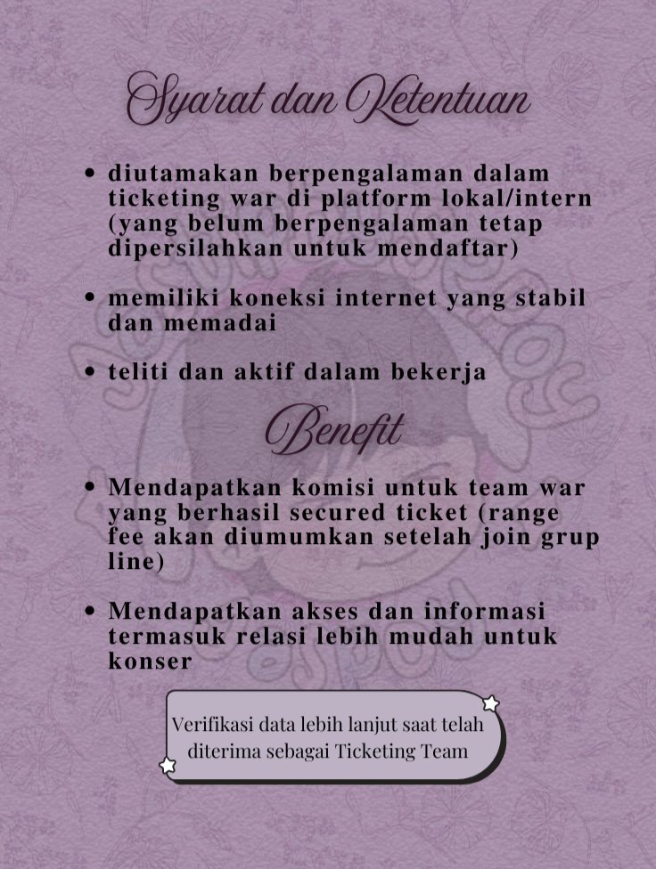 I_EN_U's tweet image. WE ARE HIRING
TICKETING TEAM / TEAM WAR @jastipbysepoy 

yg butuh kerja freelance yukk, diutamakan yg berpengalaman dalam war tiket yaaa 

#zonauang #freelance