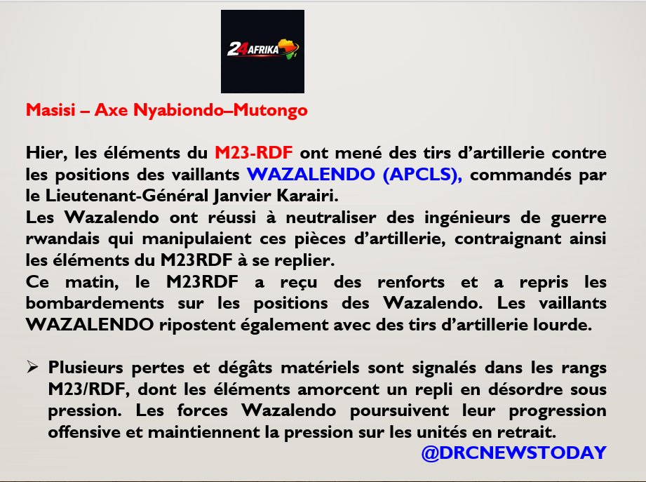DRCNewsToday's tweet image. #RDC : Plusieurs pertes et dégâts matériels sont signalés dans les rangs #M23/RDF, dont les éléments amorcent un repli en désordre sous pression. Les forces #Wazalendo poursuivent leur progression offensive et maintiennent la pression sur les unités en retrait.