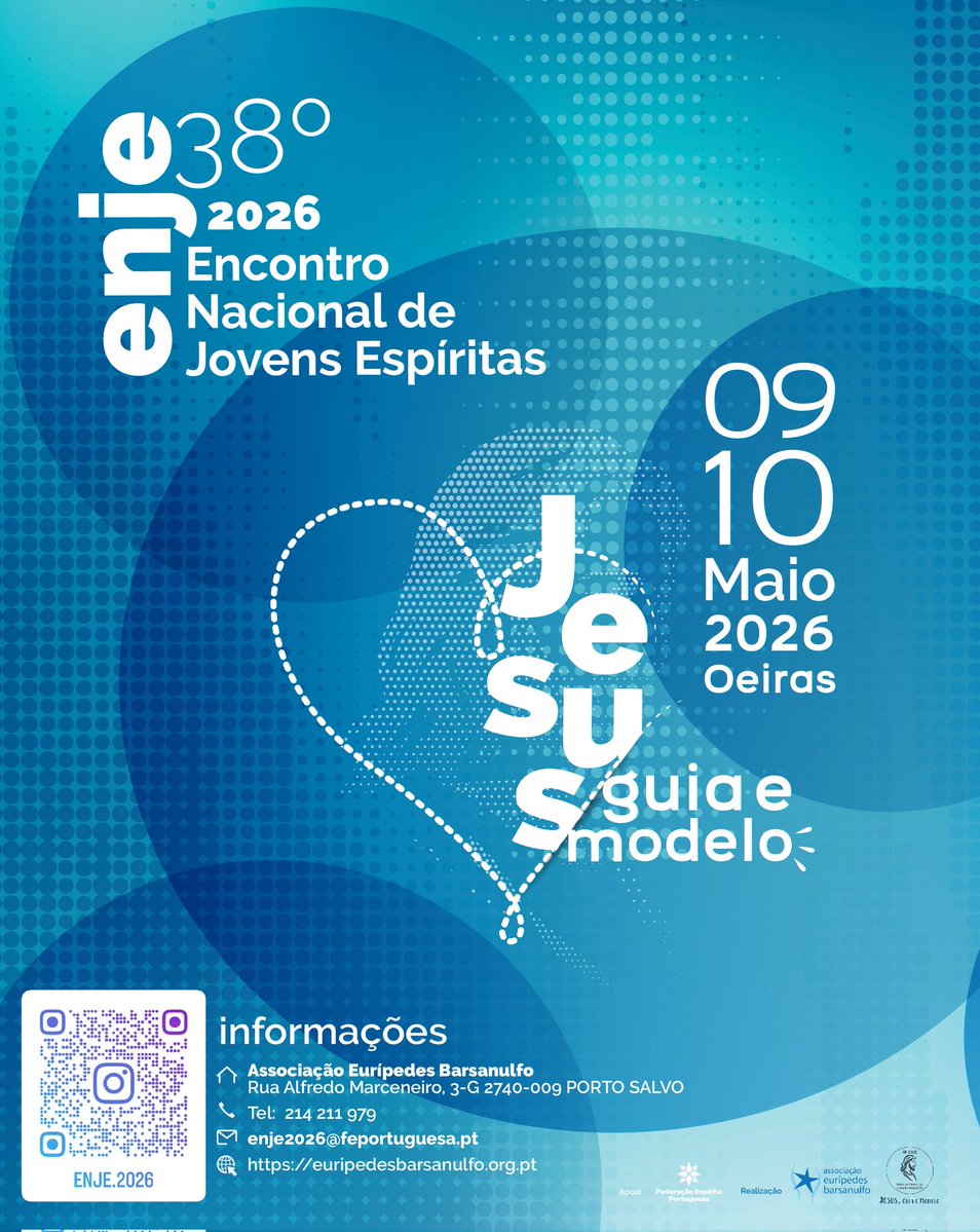 CSocialFEP's tweet image. 🌟 38º ENJE – Encontro Nacional de Jovens Espíritas 2026 🌟
📅 Quando: 9 e 10 de maio de 2026
📍 Onde: Oeiras, Portugal
💡 Tema: “Jesus Guia e Modelo"
🔗 Siga-nos no Instagram: @enje.2026
docs.google.com/forms/d/e/1FAI…
✨ Junta-te a nós e vive a experiência 
#ENJE2026! #AEB #FEP