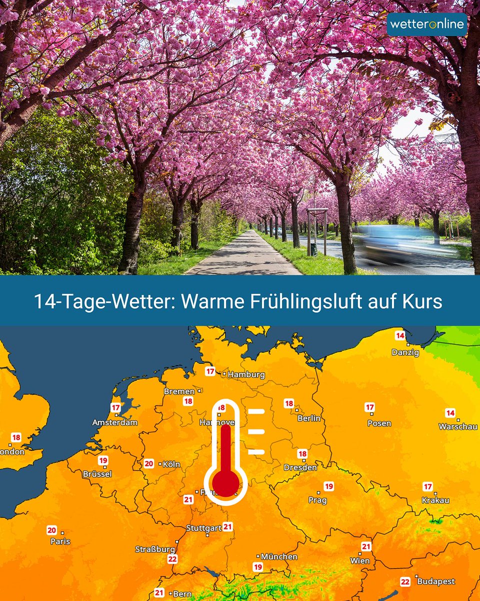 WetterOnline's tweet image. 🌷 Frühling auf Überholspur: Bis zum Wochenende 16 bis 22 Grad &amp;amp; mehr Sonne. 🌤️
Kaum noch Frost, meist freundlich – nur vereinzelt Schauer.
Auch danach um 20 Grad.

👉 Mehr Infos: wetteronline.de/14-tage-wetter

#Frühling #Wetter #Deutschland #Trend
