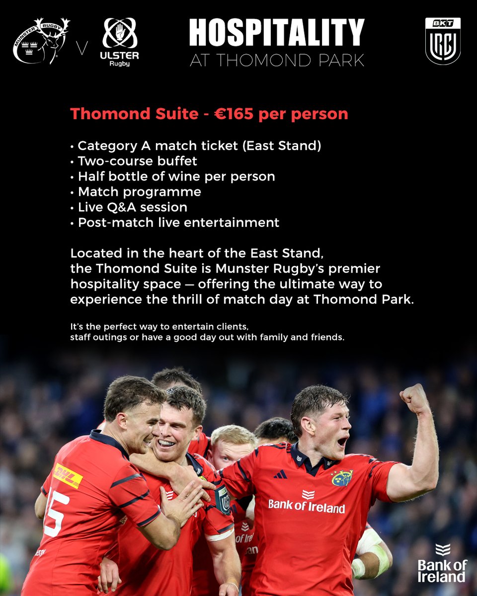 Munsterrugby's tweet photo. Ulster Hospitality ✨

Join us in the Thomond Suite on Saturday, 25th April ahead of our Interpro Derby 👊

🔗 Book here: https://t.co/H4RprwJOlP

#SUAF 🔴| #ULSvMUN https://t.co/6zsgy7RkkN