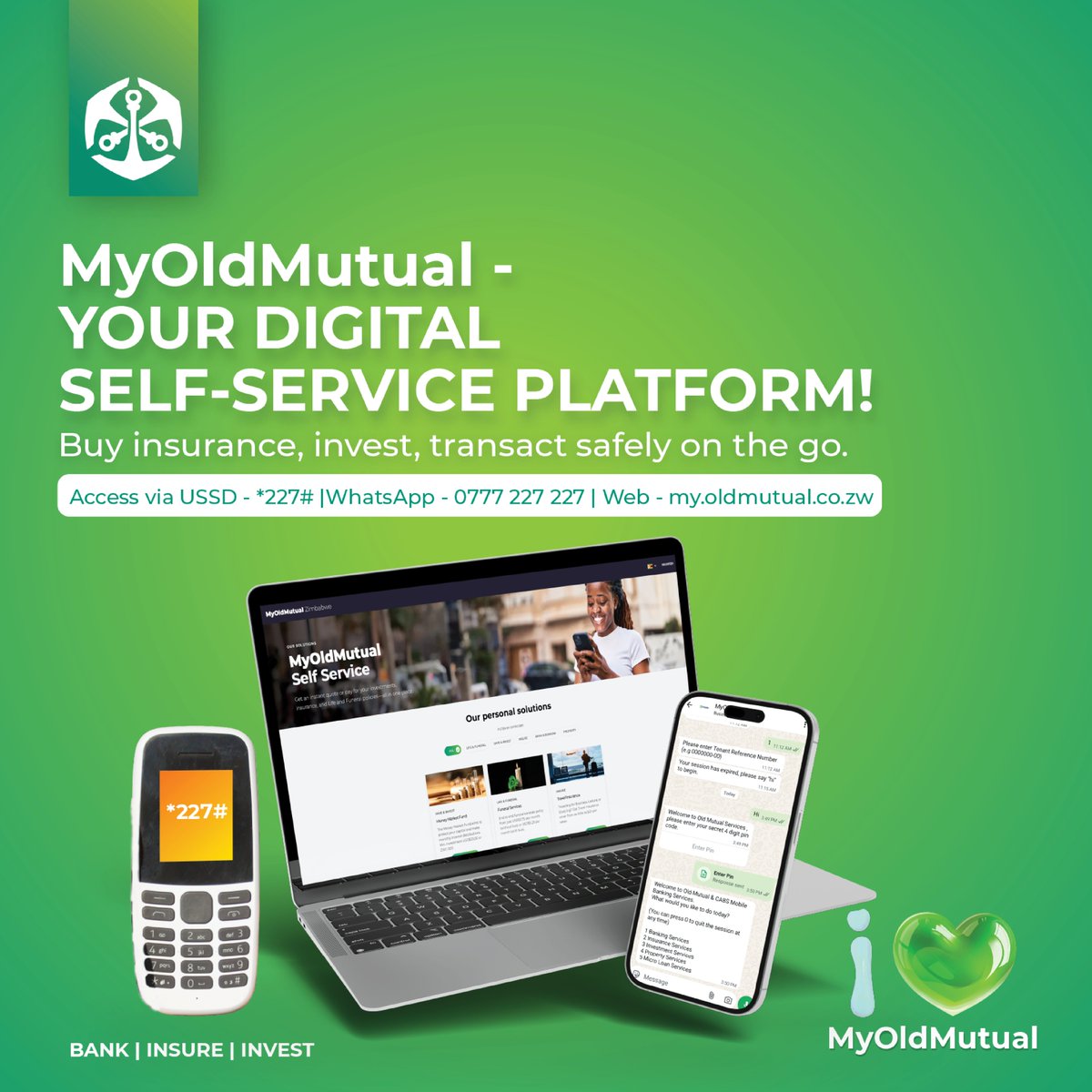 OldMutualZW's tweet photo. Bank. Insure. Invest with MyOldMutual all in one place.
1. Dial *227#
2. Text 'hi' to WhatsApp on 0777227227
3. Visit https://t.co/QRdWBMqM7U
#MyOldMutual #transactsmart #financialsafety #OldMutualZw https://t.co/eixO8uKEwN