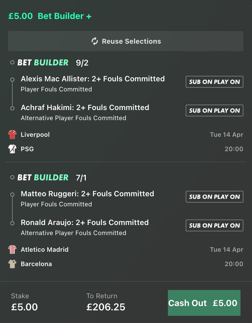 🚀 40/1 UCL FOULS ACCA 🚀

Add to bet-slip: tcd.bet/UCLFouls365

✍️ Mac Allister is averaging 1.6 fouls p/90 in the Champions League and he committed 3 fouls in the first leg.

✍️ Hakimi committed 2 fouls in the first leg and he’ll likely be up against Rio who is averaging
