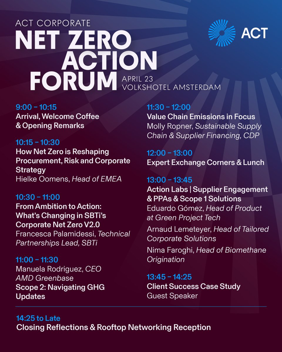 ACTGroupGlobal's tweet photo. Join our #ACTNetZeroForum
→ EU ETS, CBAM, #FuelEU and the cost exposure behind them
→ How to structure Scope 1–3 strategies that hold up commercially
→ #Scope3 measurable and actionable across your #supplychain
📌 Volkshotel Amsterdam April 23
🖊️ https://t.co/DsloxbpuU5 https://t.co/LQcnAgramH