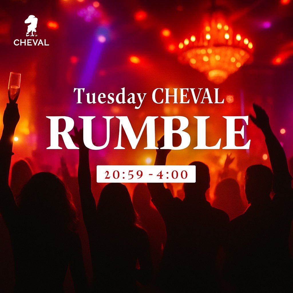 appro_'s tweet image. 4.14（火) CHEVAL RUMBLE
CrazyLand osaka 20:00〜3:00

DJ HOKKY / RUKICHAPI
MC ぞの

お得に入場したい方はDMください✉️

#apプロ #RUMBLE #大阪で一番女性に優しいクラブ