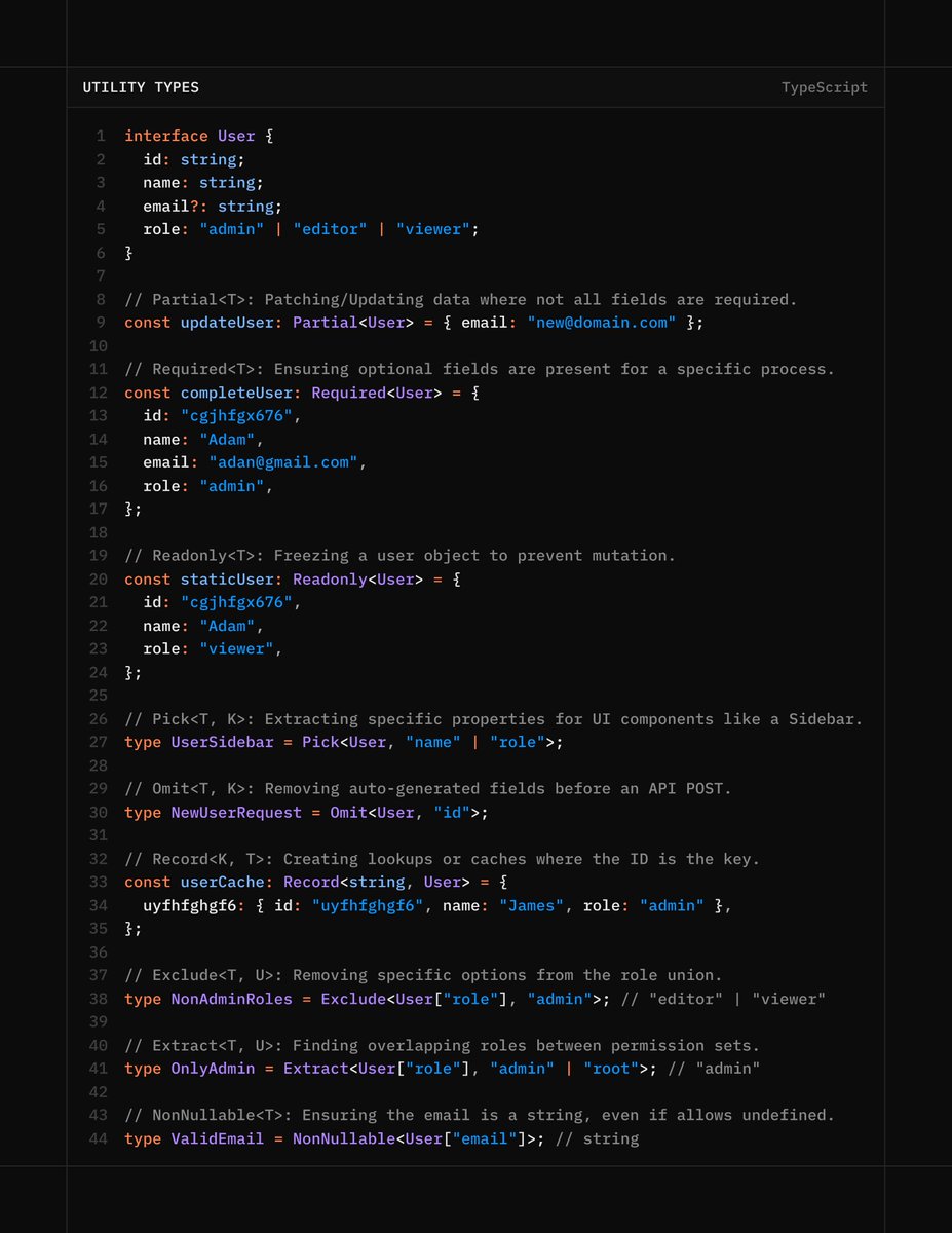 KaraBharat's tweet image. ⚡️ Level up your TypeScript with essential Utility Types

🔖 Bookmark it for later!

#TypeScript