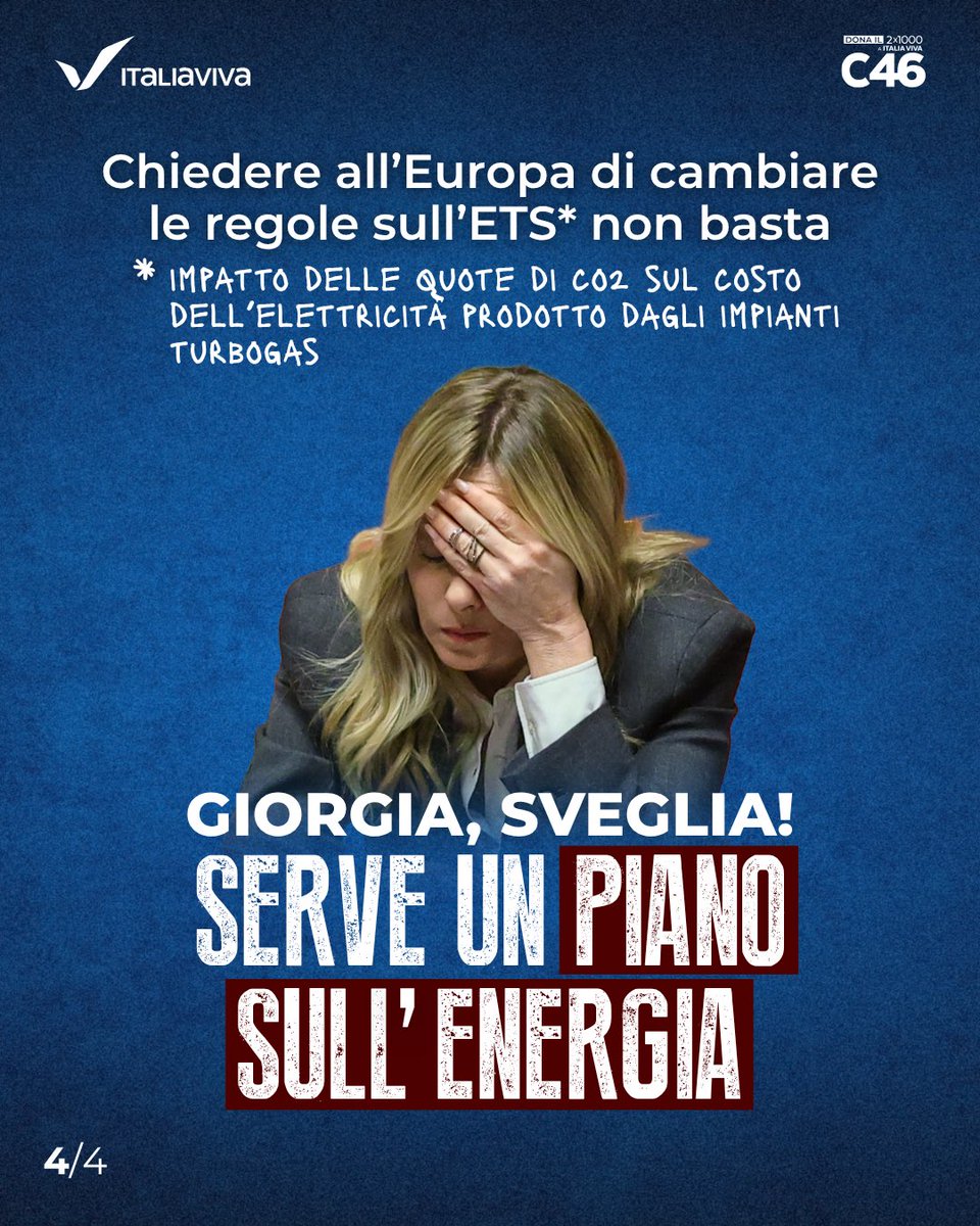 ItaliaViva's tweet photo. Giorgia, ci sei?
Pensare di risolvere la crisi energetica solo chiedendo all’Europa di cambiare le regole sull’ETS è un’illusione. Certo va fatto ma serve anche un piano nazionale: diversificare le forniture, rafforzare le infrastrutture, sfruttare le risorse nazionali, sbloccare le rinnovabili ferme e dare energia alle imprese.
Le proposte ci sono.
Quello che manca è il coraggio di attuarle. E nel frattempo gli italiani pagano il costo della crisi energetica.

@raffaellapaita
