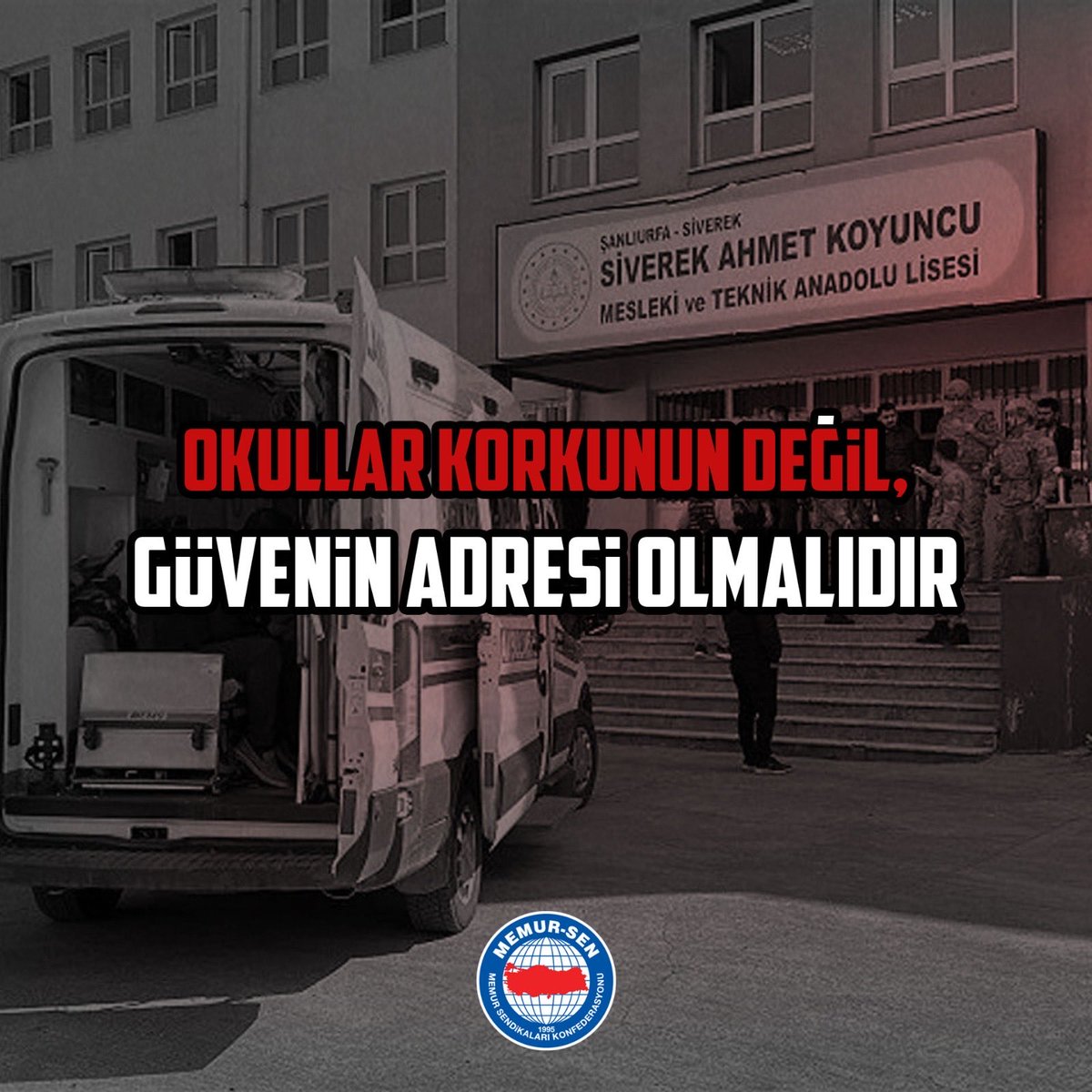 Siverek’te Yapılan Korkunç Saldırıyı Kınıyoruz

Siverek’te Ahmet Koyuncu Mesleki ve Teknik Anadolu Lisesi’nde bugün meydana gelen silahlı saldırı, toplumun huzurunu hedef alan, derin bir infiale yol açan son derece vahim bir hadisedir.

Masum öğrencilerin, fedakâr eğitimcilerin