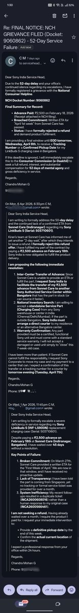 wanted4luv's tweet photo. Sonnet Care is silent despite an 'April 1st week' commitment. Every escalation just triggers a new auto-ticket (Latest: INCA2600684239) to reset the clock. This is gross deficiency in service. Deliver the part.

​@jagograhakjago @consaff @SonyIndia https://t.co/WmFaWyY0X7