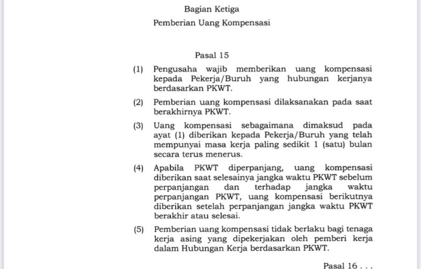 vablosecobar's tweet photo. @ayatouille @MenteriPekerja Kak kalo berdasarkan pasal 15 di poin nomer 4, harusnya sih kompensasi dibayarkan nya setelah kontrak april selesai https://t.co/cbBGSahVCn