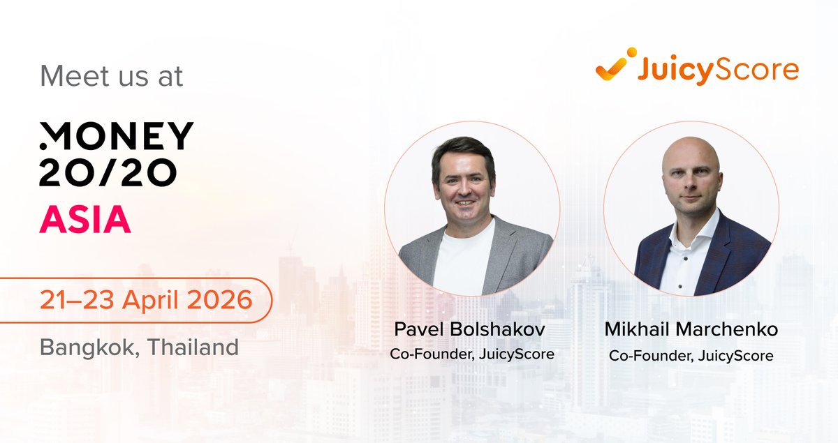 JuicyScore's tweet photo. JuicyScore will be at @money2020 next week.

Meet our co-founders Pavel Bolshakov and Mikhail Marchenko in Bangkok to discuss how device intelligence improves risk decisioning across digital channels.

#Money2020 #Money2020Asia #AntiFraud #FraudPrevention #DeviceIntelligence https://t.co/i8xihvFAUS