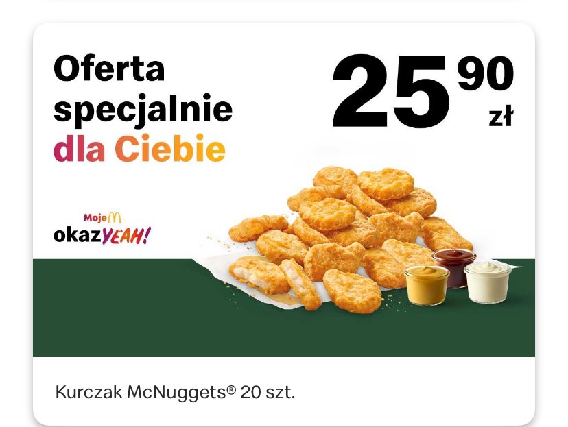kiciacatymishi's tweet image. 20 nuggetsow za 26 zl omg chyba dobry deal? bo chyba 6 nuggetsow jest za 19 zl a 20 za 33zl chyba