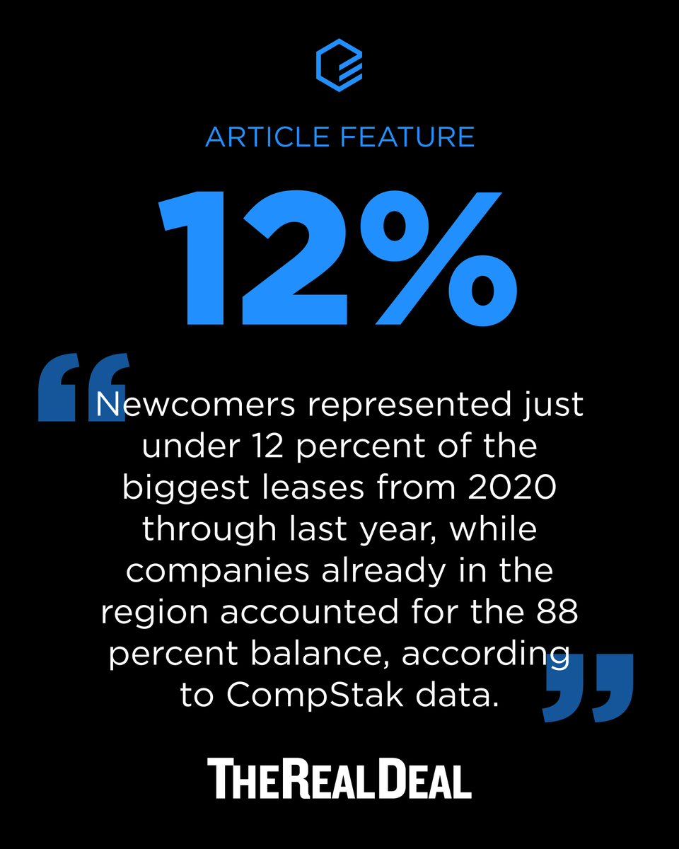 CompStak's tweet image. Everyone's talking about the Palantir effect. The #data tells a different story. 88% of South Florida's biggest office leases came from in-market companies, not new arrivals, according to CompStak.

Read the full @trdny story. hubs.ly/Q049W8J10

#commercialrealestate