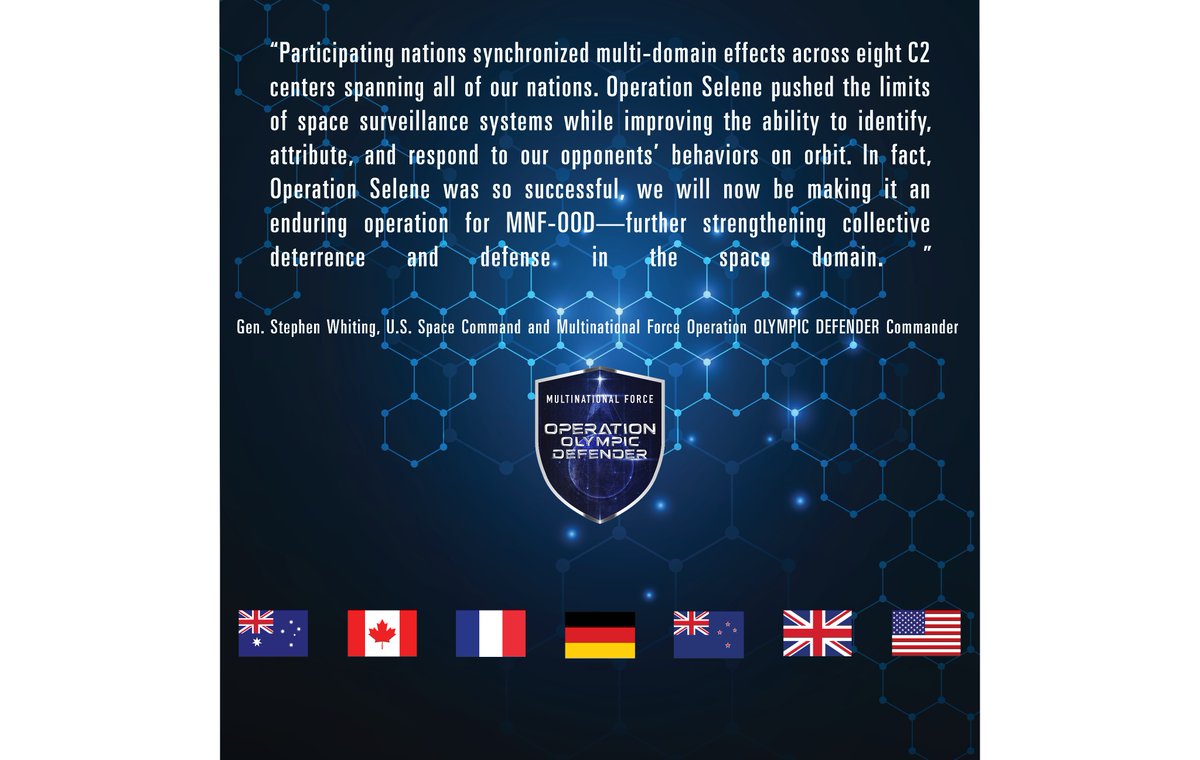 US_SpaceCom's tweet image. At #41Space, Gen. Stephen Whiting, #USSPACECOM + MNF-OOD commander, highlighted MNF-OOD's progress, touting Operation Selene, a 🇨🇦-led, multinational military space op under MNF- OOD, which brought together 7 allied nations as our most
focused, combined SDA operation to date.