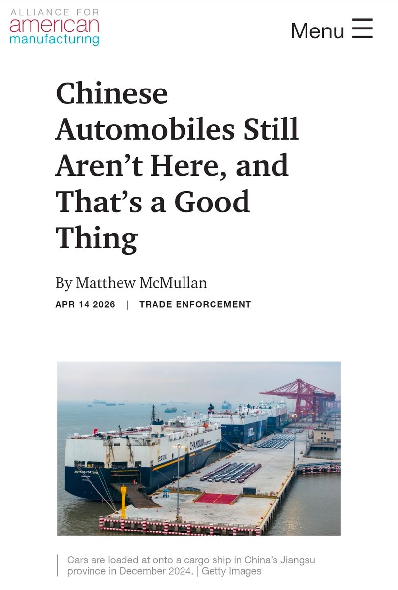 KeepitMadeinUSA's tweet image. Chinese autos still aren’t in the U.S. 
and that’s a good thing!

With heavy subsidies and overcapacity, opening the market could threaten American jobs and domestic manufacturing.

Read why it matters: Link in the thread. 

#Manufacturing #TradePolicy #MadeInUSA