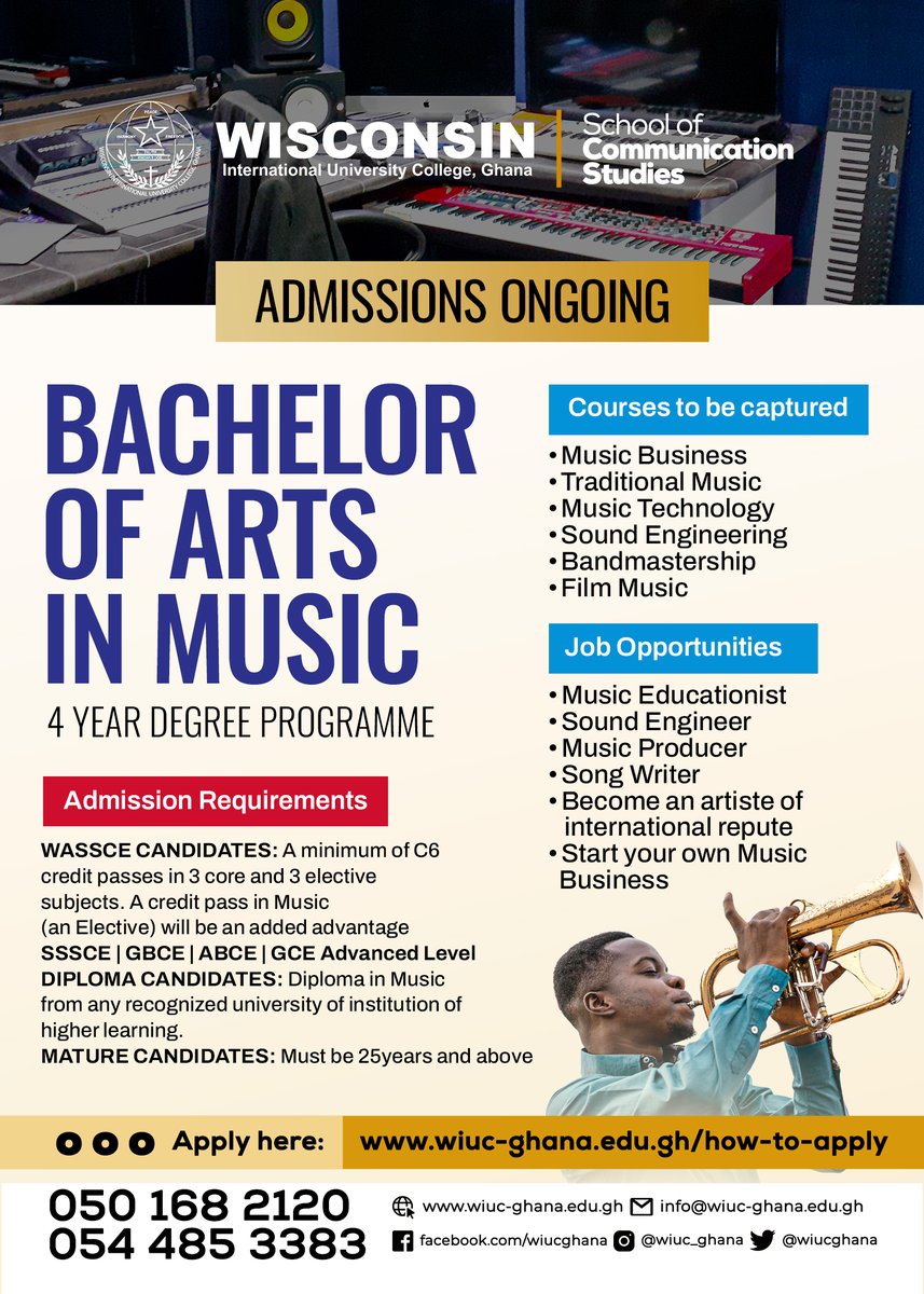 WIUCGHANA's tweet image. Turn Your Passion for Music into a Profession!
Admissions are ONGOING for the Bachelor of Arts in Music at Wisconsin International University College, Ghana.

Apply Now: wiuc-ghana.edu.gh/how-to-apply

#wiucghana #music #soundengineer #musicproduction #admissionsopen2026_27