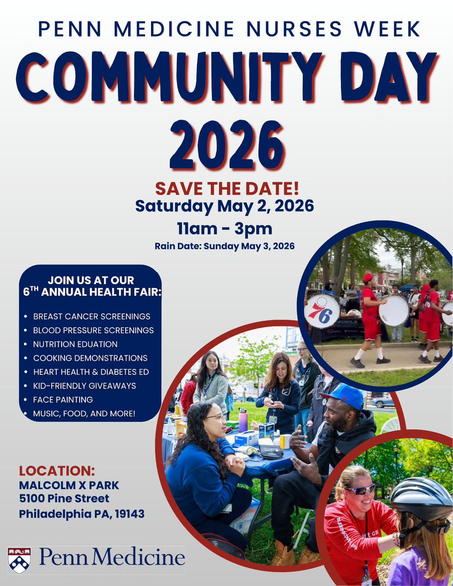 PennTrauma's tweet image. Penn Trauma will be at Malcolm X Park this Saturday for Penn Medicine Nurses Week Community Day! Stop by our table for free reflective gear, a live visibility demo, and bike helmets to give away.

🚲🦺 May 2 · 11AM-2PM · 5100 Pine St 

#BeSeenRideSafe   #PennTrauma #Philadelphia