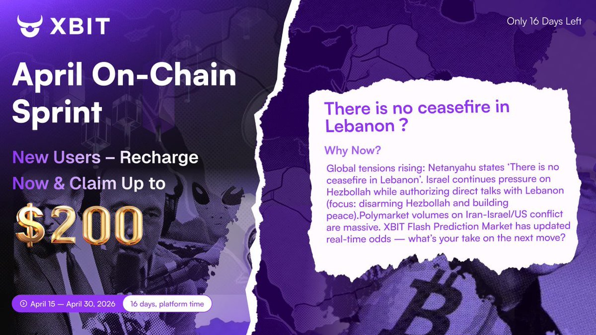 Tomorrow XBIT April On-Chain Sprint goes LIVE!New users: Net recharge &amp; claim up to 200U.

Old users: Invite friends &amp; team up to earn bigger.  Rewards go straight into Flash Prediction Market to trade live Middle East events.  Prediction Leverage coming soon.  Only 16 days.