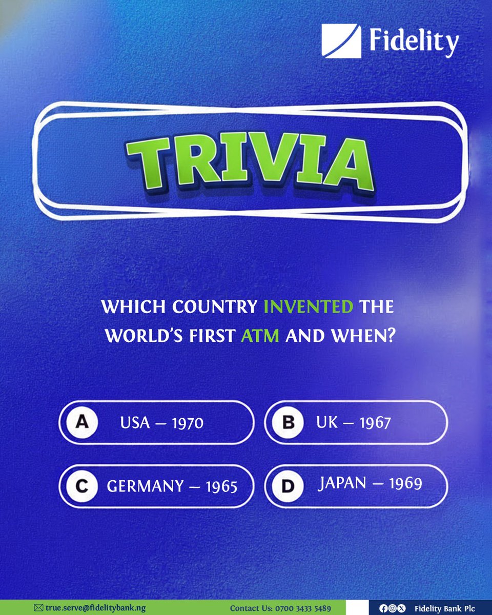 fidelitybankplc's tweet image. Hey Fidelity Fam, Where and when was the first ATM invented? 
Drop your answer in the comments 👇🏽

#WeAreFidelity #TheLifestyle #Trivia