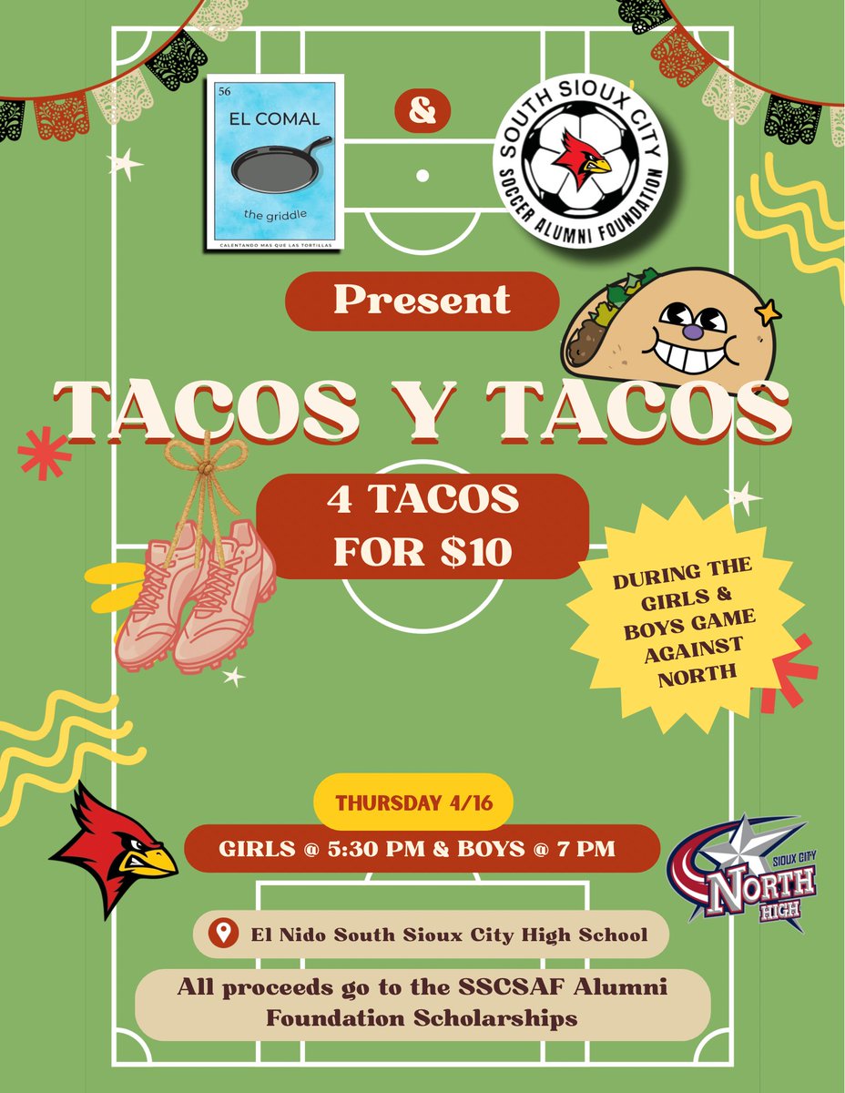SSCActivities's tweet photo. Join us for tacos y tacos!
Thursday, April 16th @ El Nina as @sscgirlssoccer and
@SSC_CardsSoccer host Sioux City North girls and boys soccer.
#CardPride https://t.co/pO8gJA6fBz
