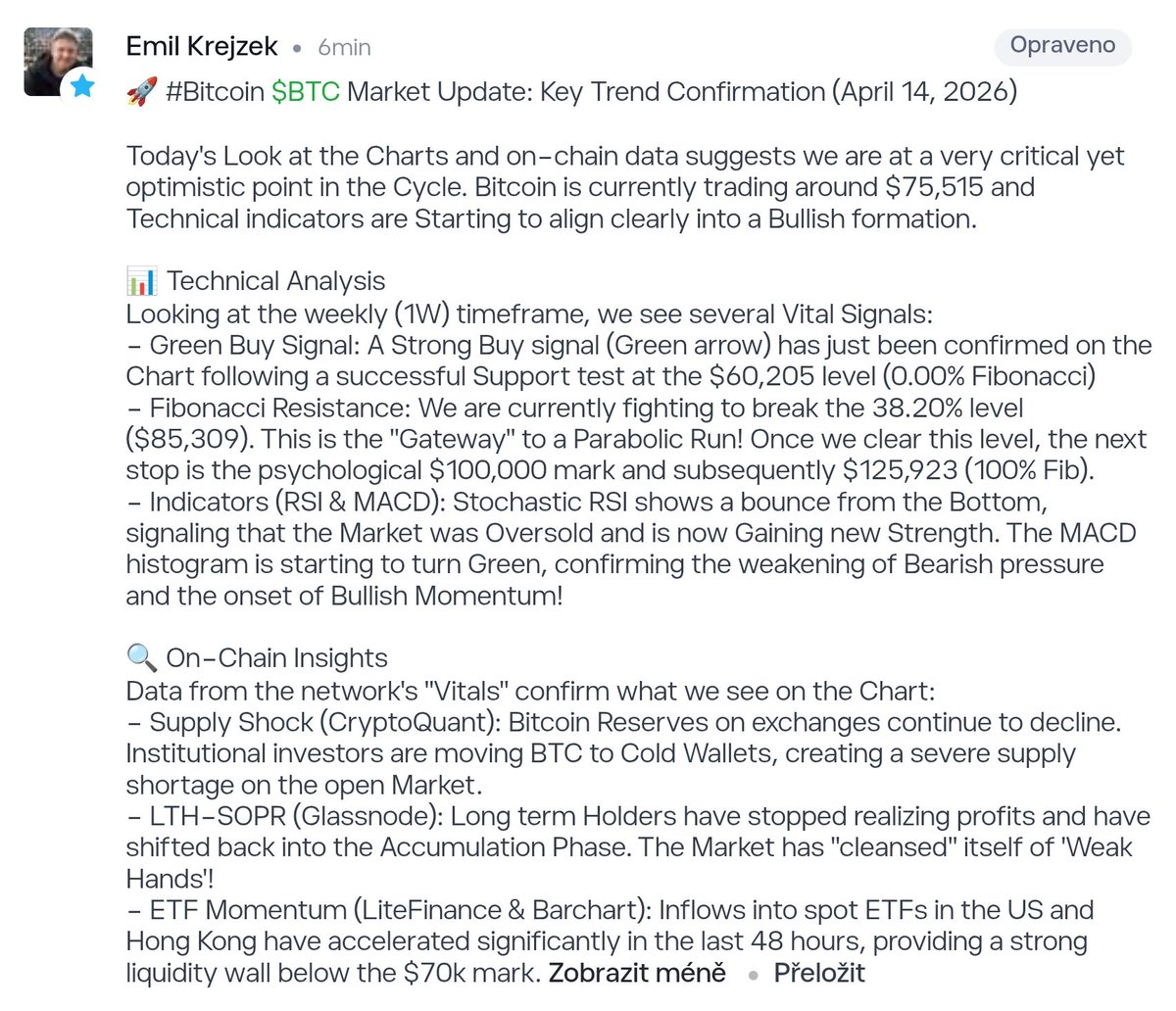 krejzek_emil's tweet photo. Analysis of #Bitcoin $BTC Price Trend as of April 14, 2026

#Bitcoin #BTC #BTCUSD 
#Ethereum #ETH
#Cardano #CardanoCommunity #ADA
#Ripple #XRP
#Solana #SOL 
#Crypto #cryptocurrency 
#etor #eToro #etoroipo
#Robinhood #hood #ibkr https://t.co/Rh0no5iMOo