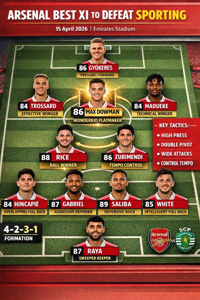 officialVergo's tweet photo. @m8arteta Early goal against sporting tomorrow?.With Dowman as 10,Gyokeres,Trossard and madueke will easily get chances at goal.Eze is good but he sometimes slows down attack.Max will do alot in that position,Free kick chances,drive-ins,creative passes to open up defense etc. https://t.co/6OGrdNIMg8