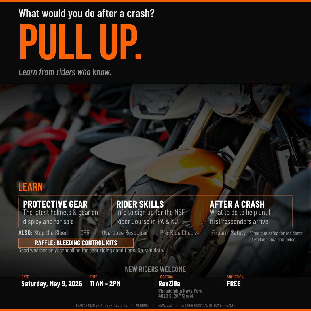 PennTrauma's tweet image. What   would you do after a crash? Come find out. Penn Trauma is pulling up to RevZilla on May 9 — free event, no registration, all riders welcome. Learn  from riders who know. 

🏍️ 11AM–2PM · Navy Yard, Philadelphia 

#PullUp   #BikeLife #MotoMeet #PennTrauma #RevZilla
