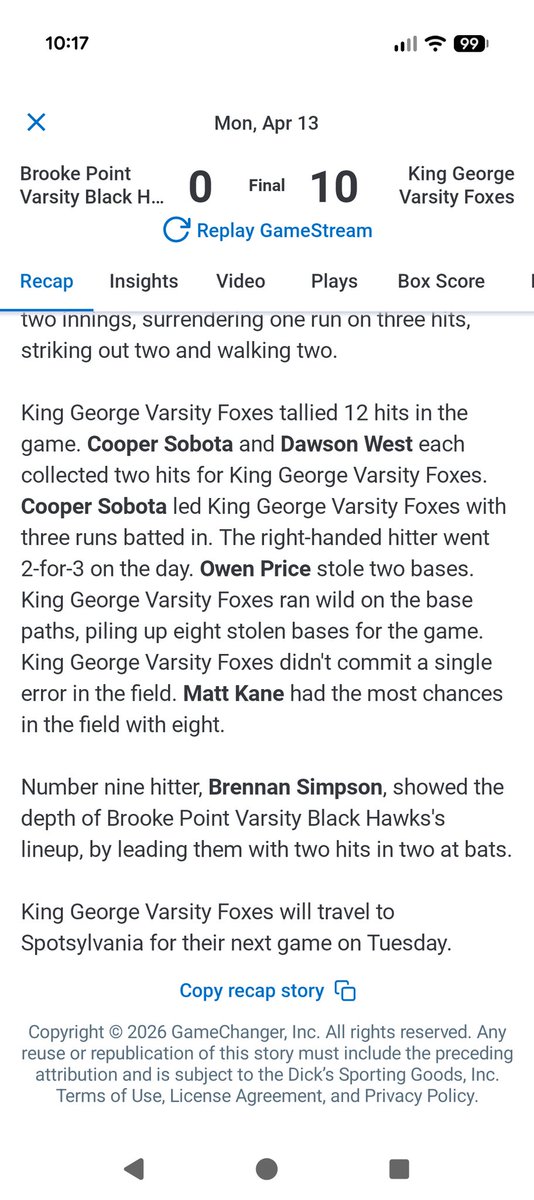 KGHS_VBaseball's tweet photo. KG started the week with a win vs Brooke Pointe 10-0.  @blake_donze6 was strong on the mound going 5 innings 6Ks 0 runs.  The bats started to wake up.  10 kids collected at least 1 hit each.  2 more games this week.  Let's Go KG 🦊⚾ https://t.co/ftIL5QsLRe