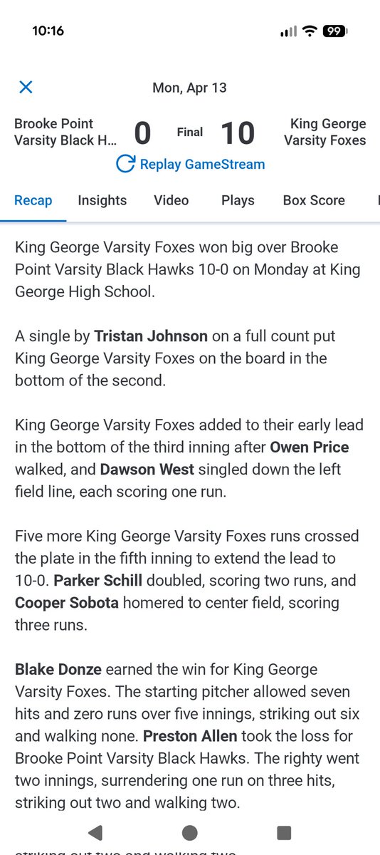 KGHS_VBaseball's tweet photo. KG started the week with a win vs Brooke Pointe 10-0.  @blake_donze6 was strong on the mound going 5 innings 6Ks 0 runs.  The bats started to wake up.  10 kids collected at least 1 hit each.  2 more games this week.  Let's Go KG 🦊⚾ https://t.co/ftIL5QsLRe