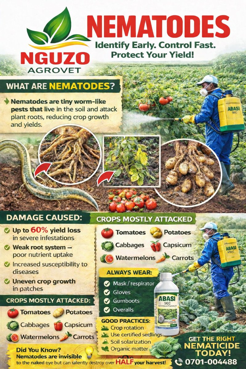 NguzoAgrovet's tweet image. NGUZO FARMING TIPS:
🚨 Nematodes = Invisible killers in your soil
• Up to 60% yield loss
• Attack plant roots
• Often mistaken for nutrient deficiency
💡 Fix the ROOT problem:
👉 ABASI 5EC (Abamectin 50g/l)
📞 0701-004488
#Nematodes #Farming #AgriTips #Kenya #CropProtection