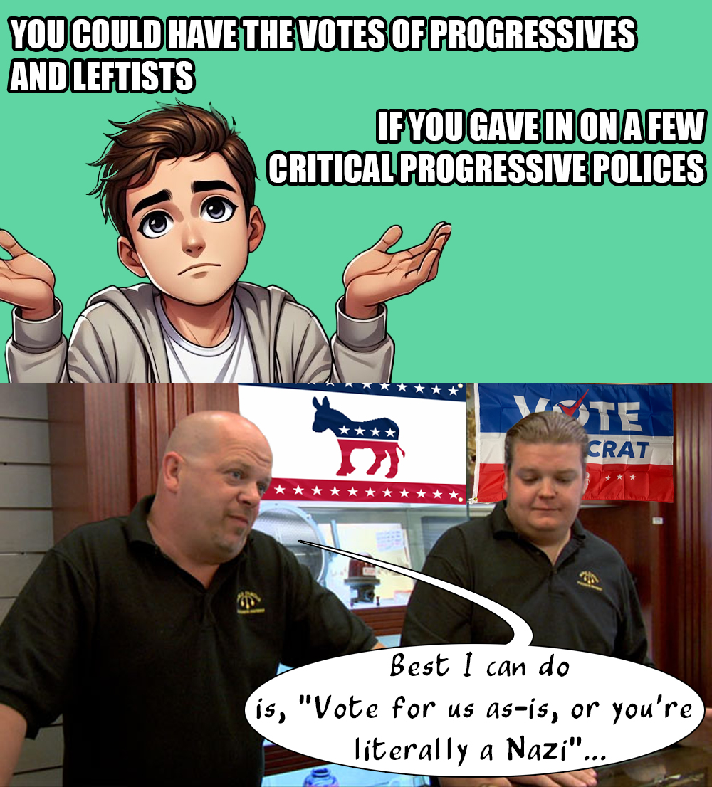 BionicDance's tweet image. Dear #Demcorats,

When is it time when moderates/centrists have to "hold their nose and vote for a #Progressive"?
Why is it always the job of the left to compromise to our right?
Why do YOU never have to give in on policy goals?

Sincerely,
Left-wingers who're sick of your shit