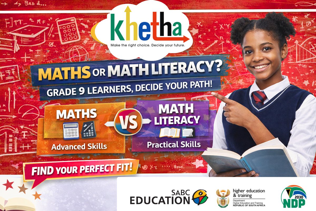 SABCEducation's tweet image. Choosing between Mathematics and Mathematical Literacy is a major
decision for many Grade 9 learners.

Understanding the difference can help you make the right choice for
your future studies and career path.

Visit: careerhelp.org.za
 #Maths #MathLiteracy
#SABCEducation