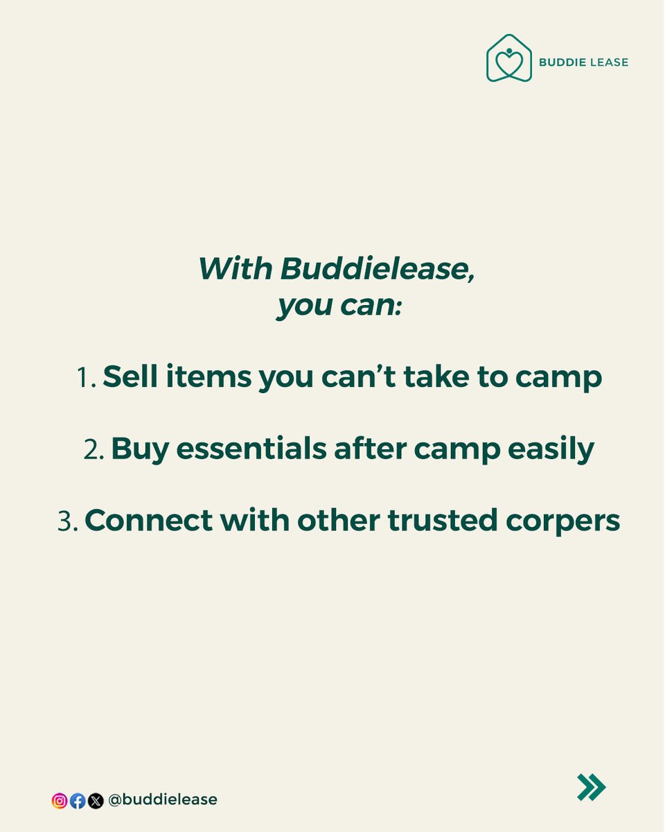buddielease's tweet image. Coming out of camp?
Find everything you need easily from fellow corpers 🤝

👉 Start your NYSC journey the smart way with Buddielease

#NYSC2026 #PCM #CorperLife #NYSCPrep #Buddielease #NYSCNigeria #DeclutterSmart #NYSCJourney