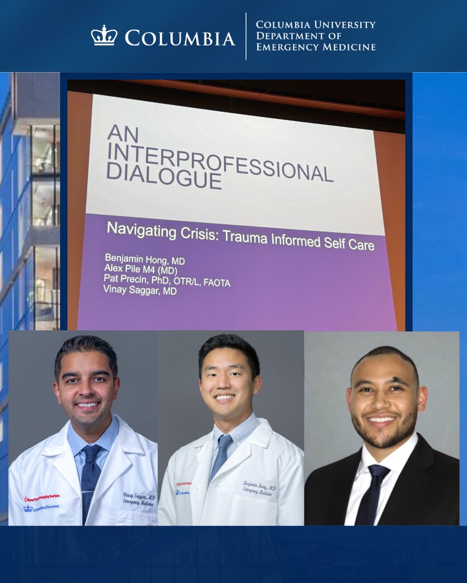 ColumbiaEM's tweet image. Congratulations to Dr. Ben Hong, Dr. Vinay Saggar, and Alex Pile, our senior med-student, on their recent presentation at IPE Day Plenary 2026 on "Navigating Crisis: Trauma Informed Self Care."

#IPE #Interprofessional #Dialogue