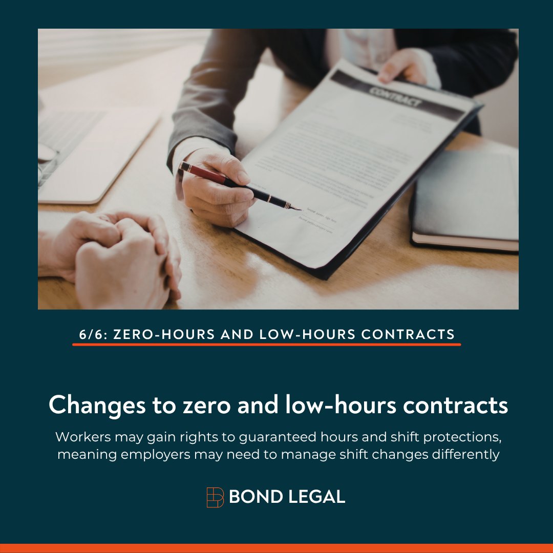BondLegal's tweet photo. The Employment Rights Act 2025 introduces new obligations around zero-hours and low-hours contracts.

These changes also apply to low-hours workers who regularly work beyond their guaranteed hours.

This may have a significant operational impact for many employers.

Get in touch! https://t.co/w1eEdHlYJE
