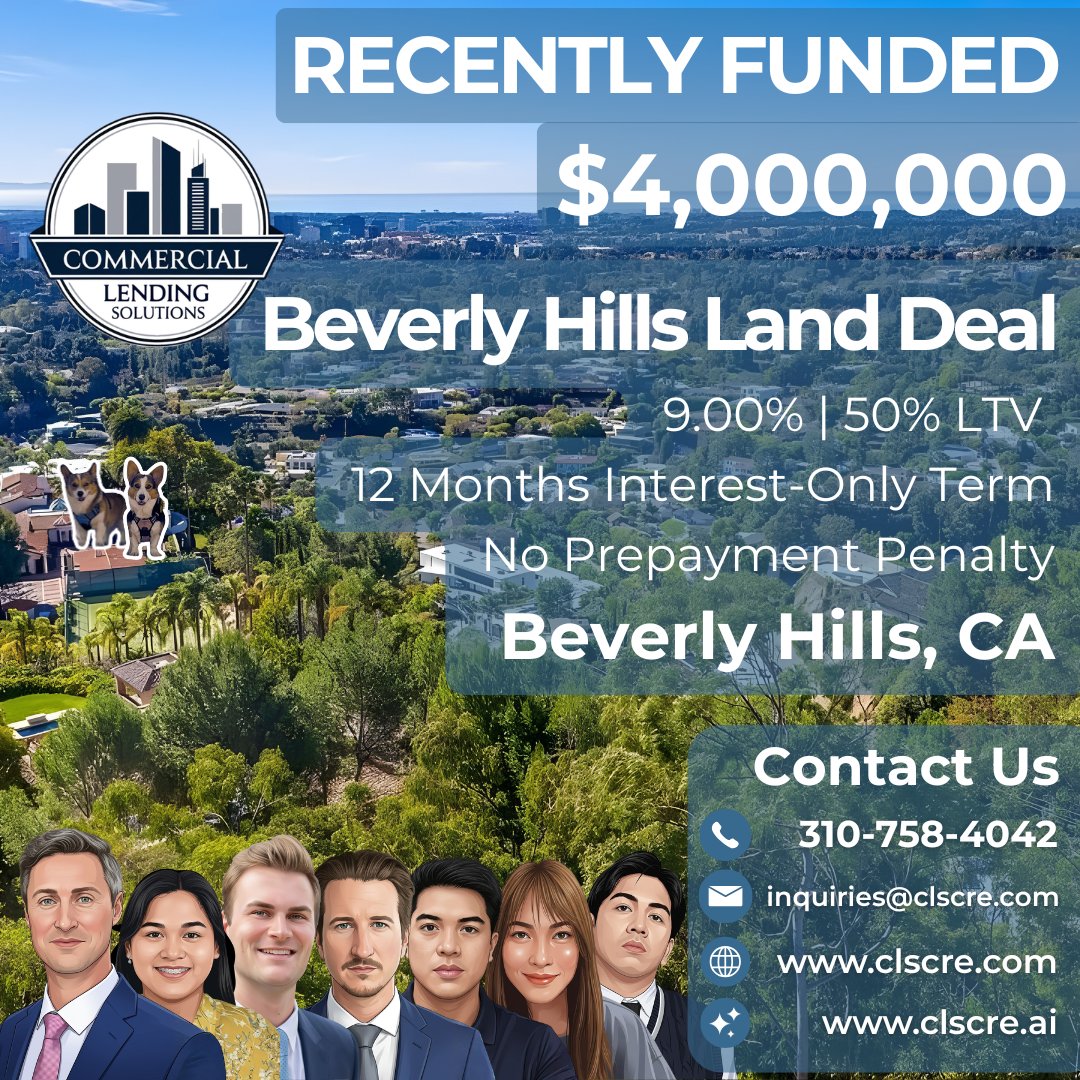 LAloanbroker's tweet image. Commercial Lending Solutions funded a $4M Land Loan in Beverly Hills, CA. 50% LTV, 9.00% rate, 12-month I/O, no prepay penalty. Flexible, short-term capital for luxury land acquisition.

#CLS #RecentlyFunded #CRELoans #BeverlyHillsCA