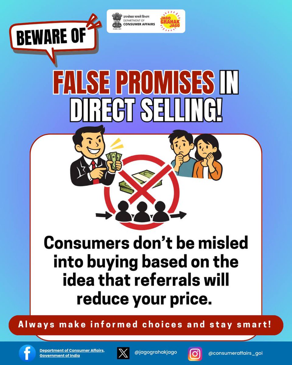jagograhakjago's tweet image. Direct selling entities should not misled consumers into buying with the false idea that referrals will lower your price. Report Violations to National Consumer Helpline 1915 or WhatsApp 8800001915. #DirectSelling #ConsumerRights #KnowYourRights #JagoGrahakJago #NCH1915