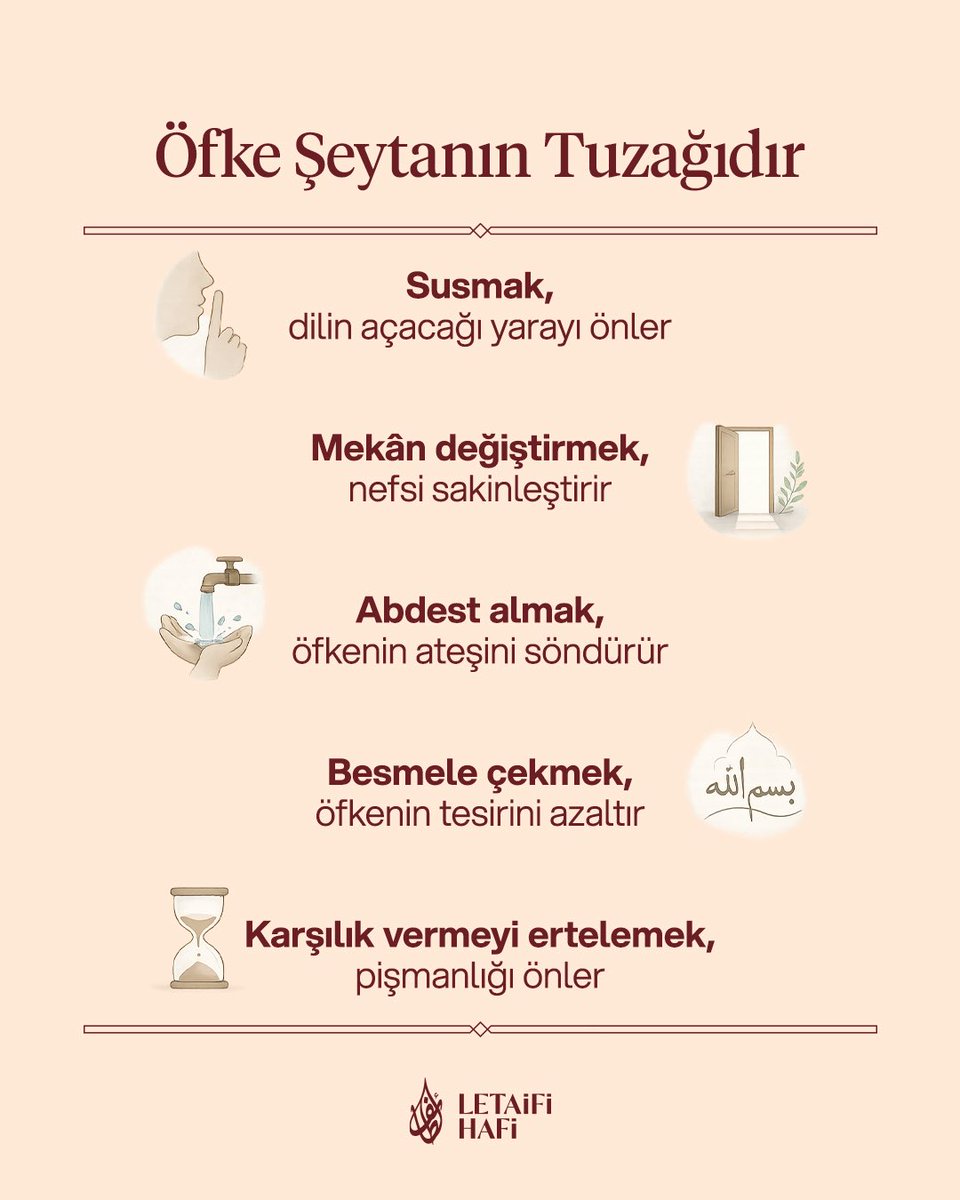 LetaifiHafi's tweet photo. Öfke şeytanın insana kurduğu en keskin tuzaktır 🌪️

Dilde ve kalpte derin yaralar açmamak için mümin nefsini sükûnetle terbiye eder

Öfke ateşi yükseldiğinde susmak şifa, mekân değiştirmek ferahlık, abdest ise serinliktir ✨ https://t.co/sMoAZvnaDR