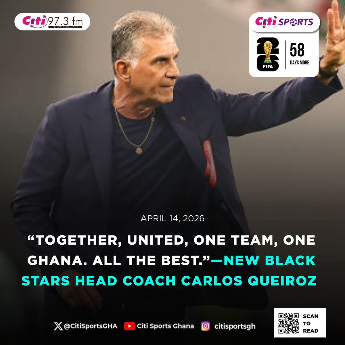 CitiSportsGHA's tweet image. 📸🇬🇭 “Together, United, One Team, One Ghana. All the best!!.”

Tactical and “all inclusive” Carlos Queiroz speaks for the second time as Black Stars head coach.

#CitiSports #WorldCup