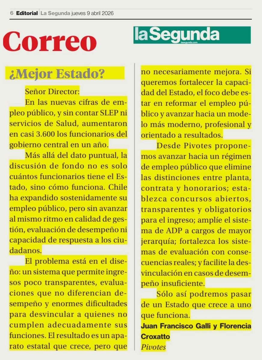Pivotes_cl's tweet photo. ¿Mejor Estado?

Las cifras recientes dan cuenta de una tendencia: “Aumentaron en casi 3.600 los funcionarios del gobierno central en un año”, dice @GalliJF y @FCroxattos en @La_Segunda.

El debate no puede quedarse en el tamaño del Estado, pero, sin una reforma estructural, continuará la inercia sin mejorar la capacidad para responder a los ciudadanos.

Más: https://t.co/d8hpphpFsi