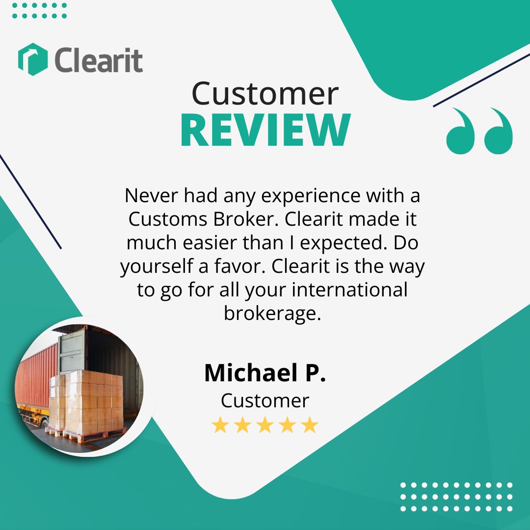 clearitcustoms's tweet photo. ✨ Here’s a recent 5-star review from Michael P! ✨

We love hearing from our customers—thank you for trusting Clearit to make your importing process smooth and stress-free! 💼 https://t.co/A9GqJynlaX