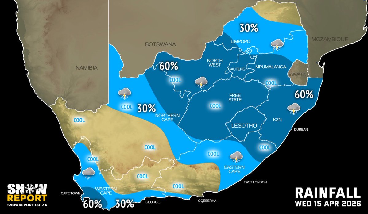 SnowReportSA's tweet image. WEDNESDAY WEATHER: Rain, severe thunderstorms, strong wind and big waves with a cut-off low. See snowreport.co.za for the full forecast #saws #weather #forecast #weatherwarnings