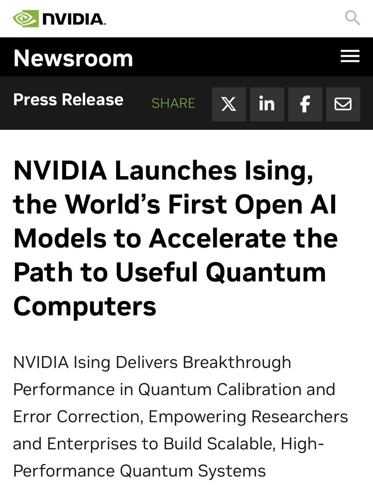 EHuanglu's tweet image. Mind officially blown

NVIDIA just released Ising - the world’s FIRST open-source AI models that could finally make useful quantum computers a reality

Quantum computers promise to solve problems in seconds that would take today’s supercomputers longer than the age of the