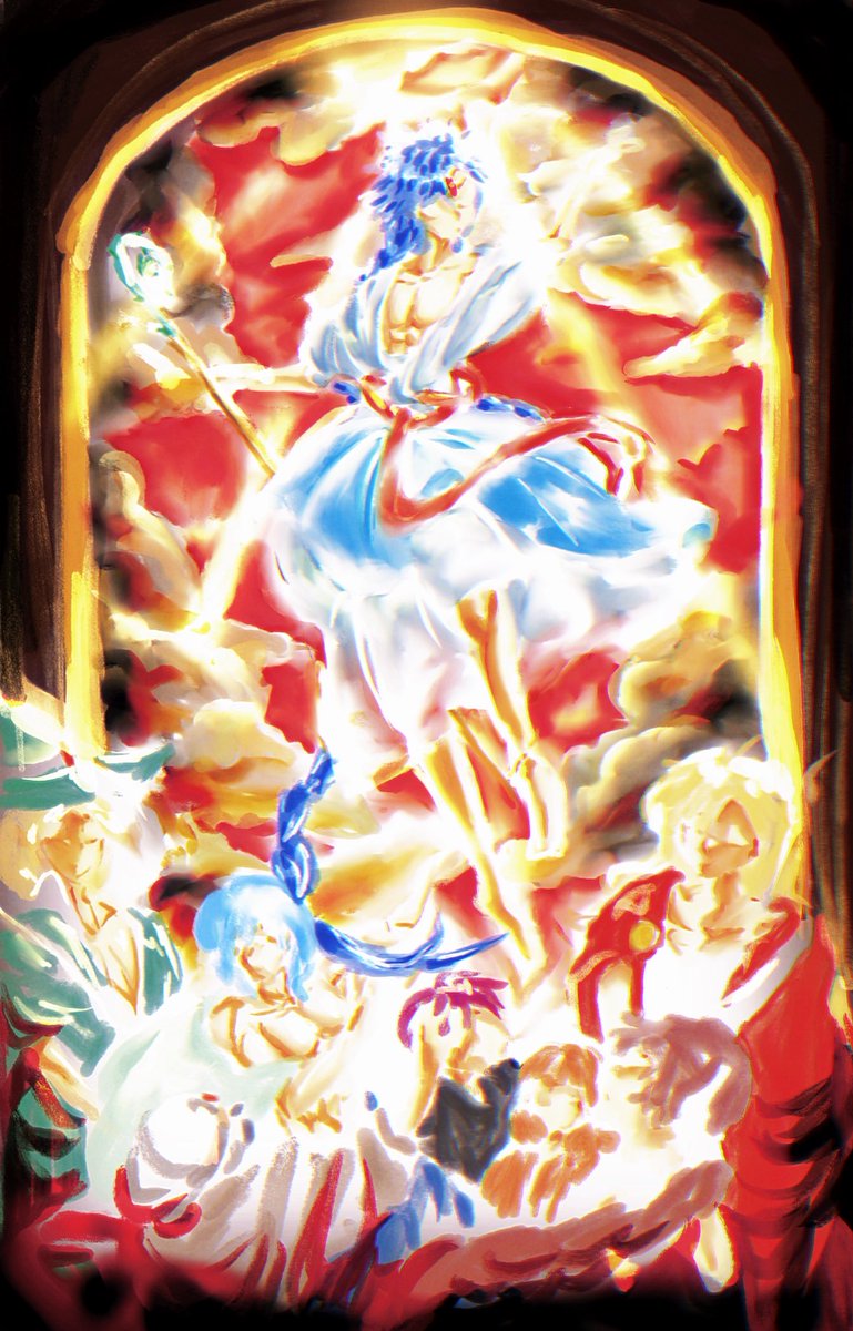 OrleneSheen's tweet photo. The composition was inspired by the image of Jesus 🙏🏻. This one also took four and a half hours to complete. I think Aladdin is quite suitable for a sacred composition.
#マギ #offical_style #reference 
 #MAGI
#アラジン
#Aladdin https://t.co/3CQXHqB4E1