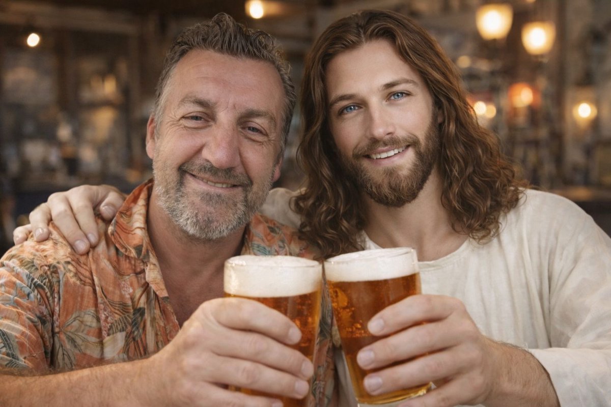 39marsden's tweet photo. Brilliant having Jesus as a best mate apparently he can make beer out of water so he went upstairs with 2 empty glasses and back down with frothy beer 💦🍺 https://t.co/m2B307zqgF