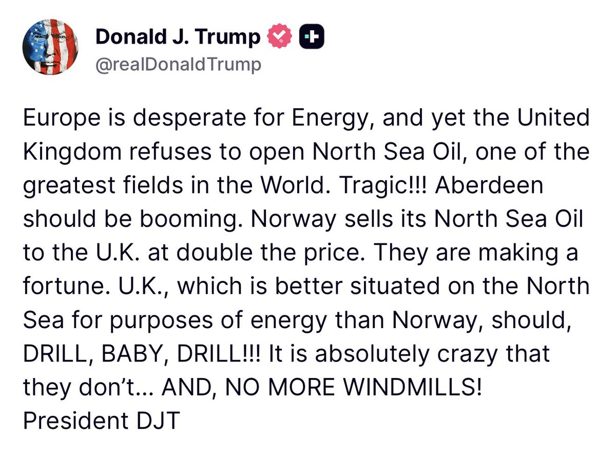 Breaking911's tweet image. TRUMP: Europe is desperate for Energy, and yet the United Kingdom refuses to open North Sea Oil, one of the greatest fields in the World. Tragic!!! Aberdeen should be booming. Norway sells its North Sea Oil to the U.K. at double the price. They are making a fortune. U.K., which