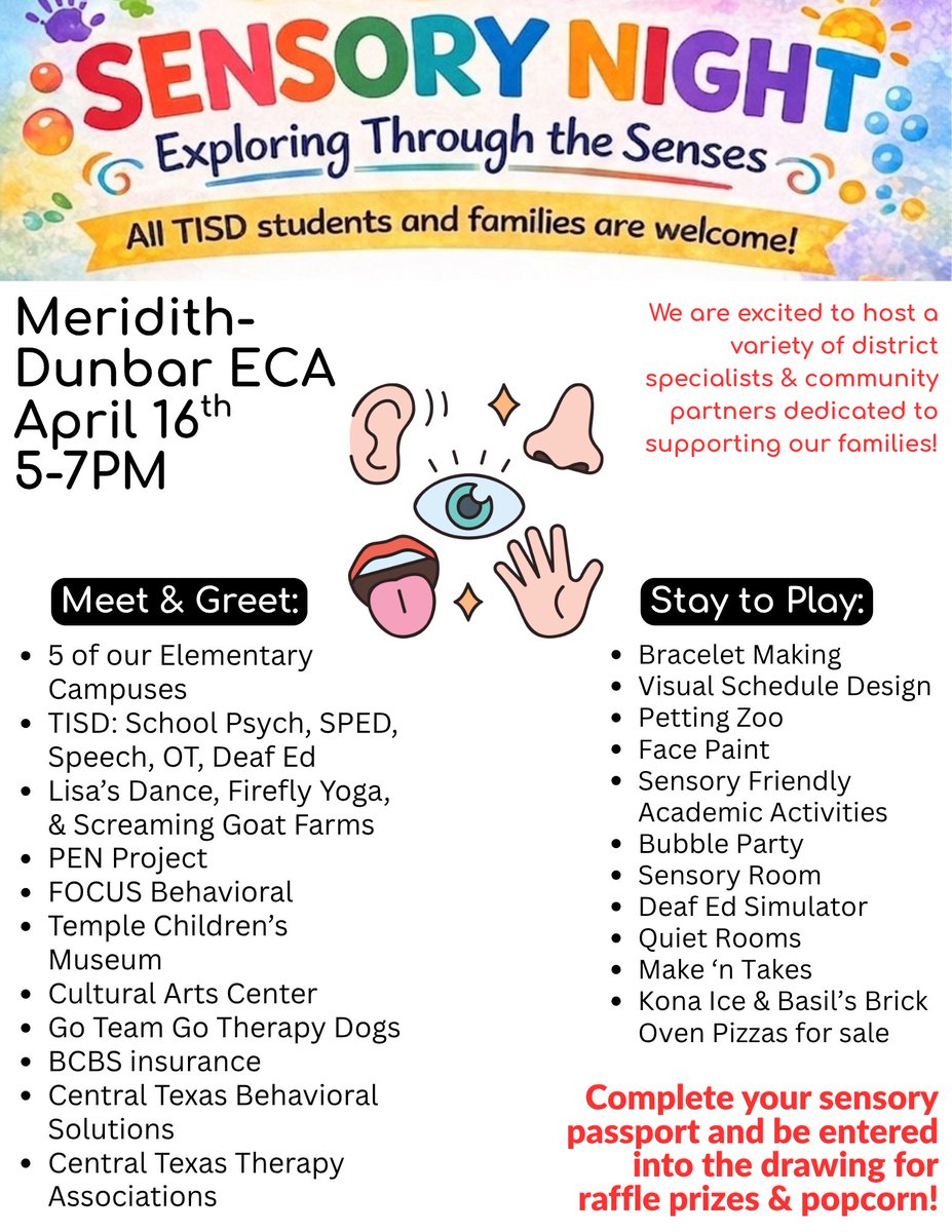 MdecaTISD's tweet photo. 🎉 Thursday is our BIG Sensory Night!

Open to ALL TISD families — come enjoy hands-on fun and engaging sensory activities for the whole family! 🖐️✨

We hope to see you there! 💙 https://t.co/F2HCj5P05k