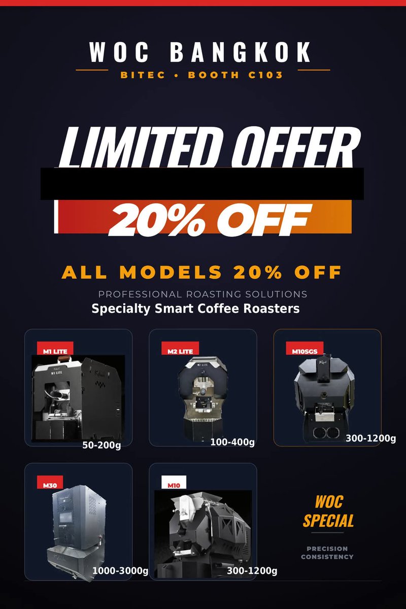 kaleidoroasters's tweet image. See you at WOC Bangkok at BITEC, Booth C103.

We’re offering 20% off all roasters for a limited time. Join us for live demos and explore precision roasting solutions for every scale.

Contact via WhatsApp: +86 15623805238
#Bangkok #CoffeeRoasting #SpecialtyCoffee #CoffeeRoasters